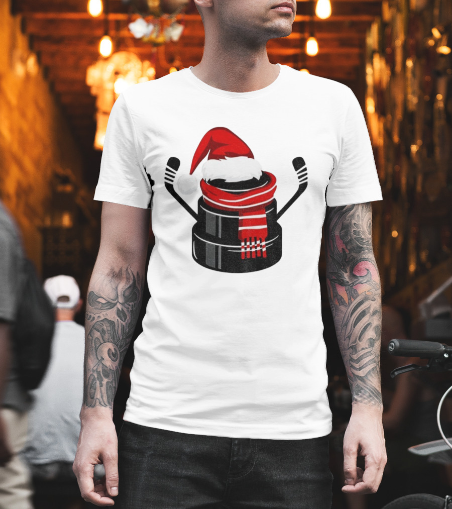 Hockey Puck Santa Hat Merry Christmas Festive Holiday T-Shirt