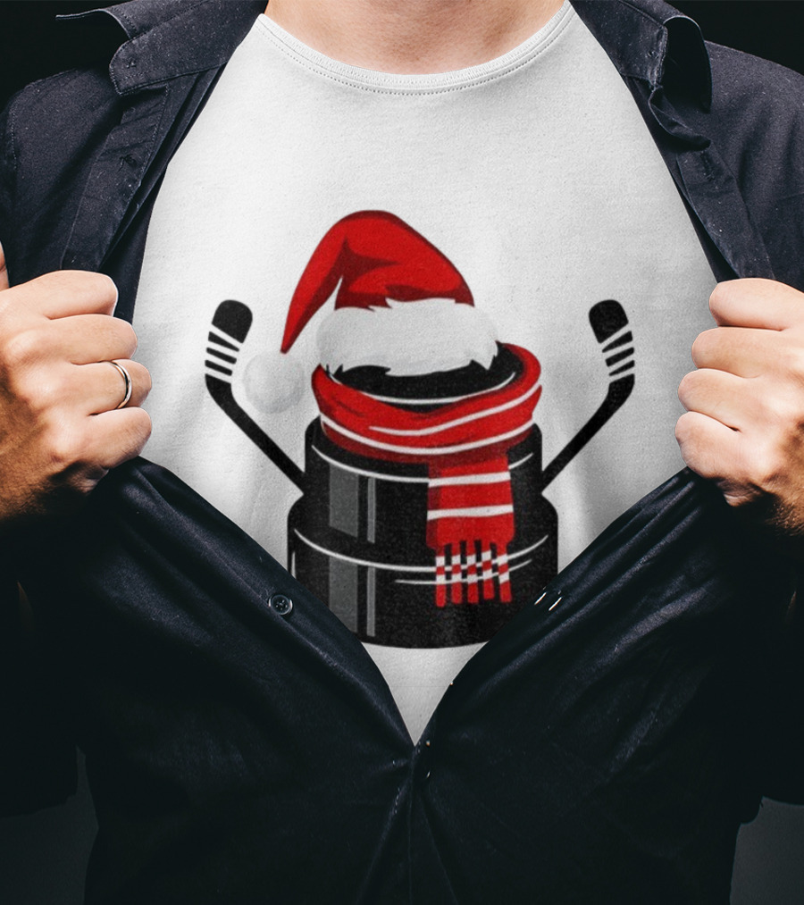Hockey Puck Santa Hat Merry Christmas Festive Holiday T-Shirt