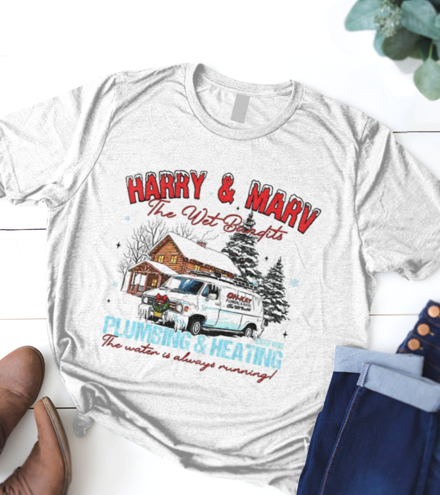 Harry And Marv The Wet Bandits Plumbing And Heating Christmas Winter Cabin Black Van T-Shirt