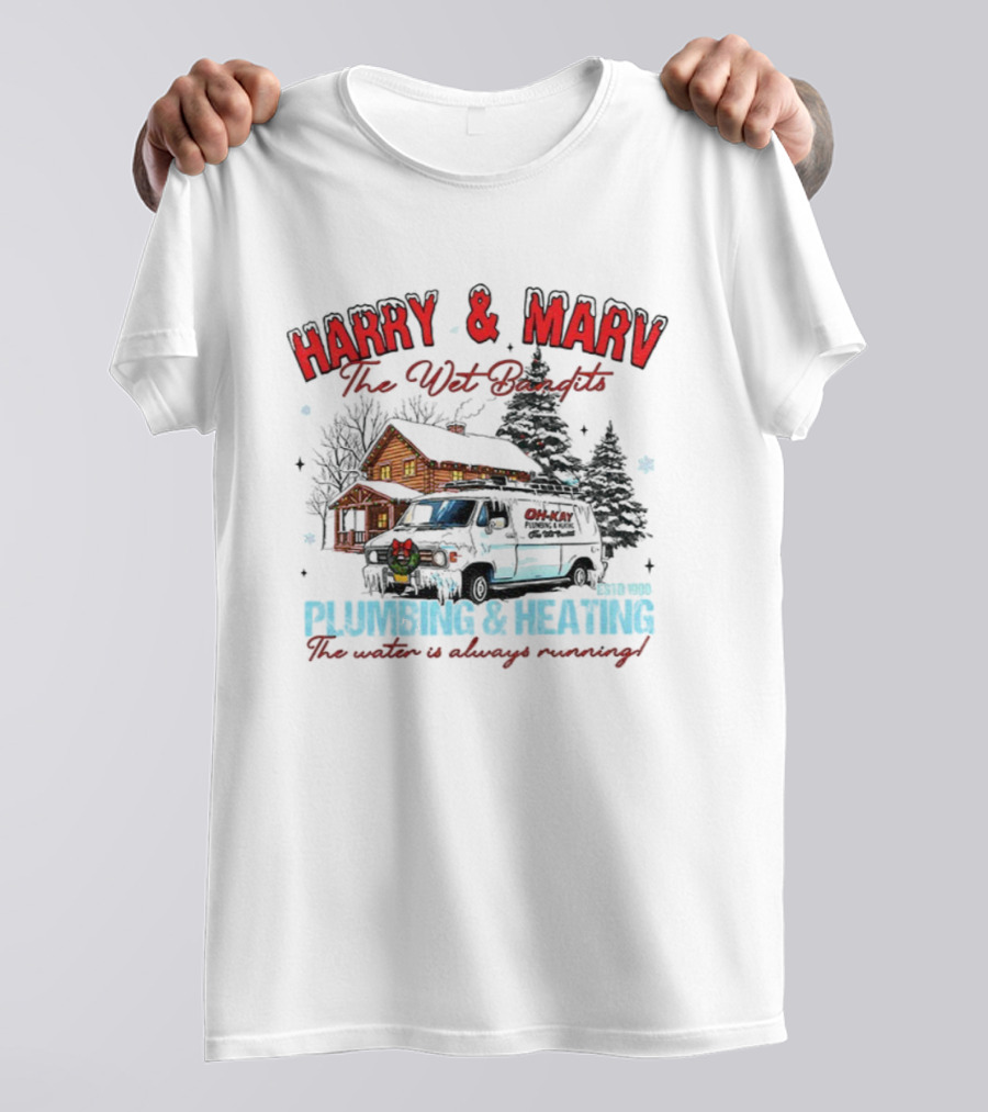 Harry And Marv The Wet Bandits Plumbing And Heating Christmas Winter Cabin Black Van T-Shirt