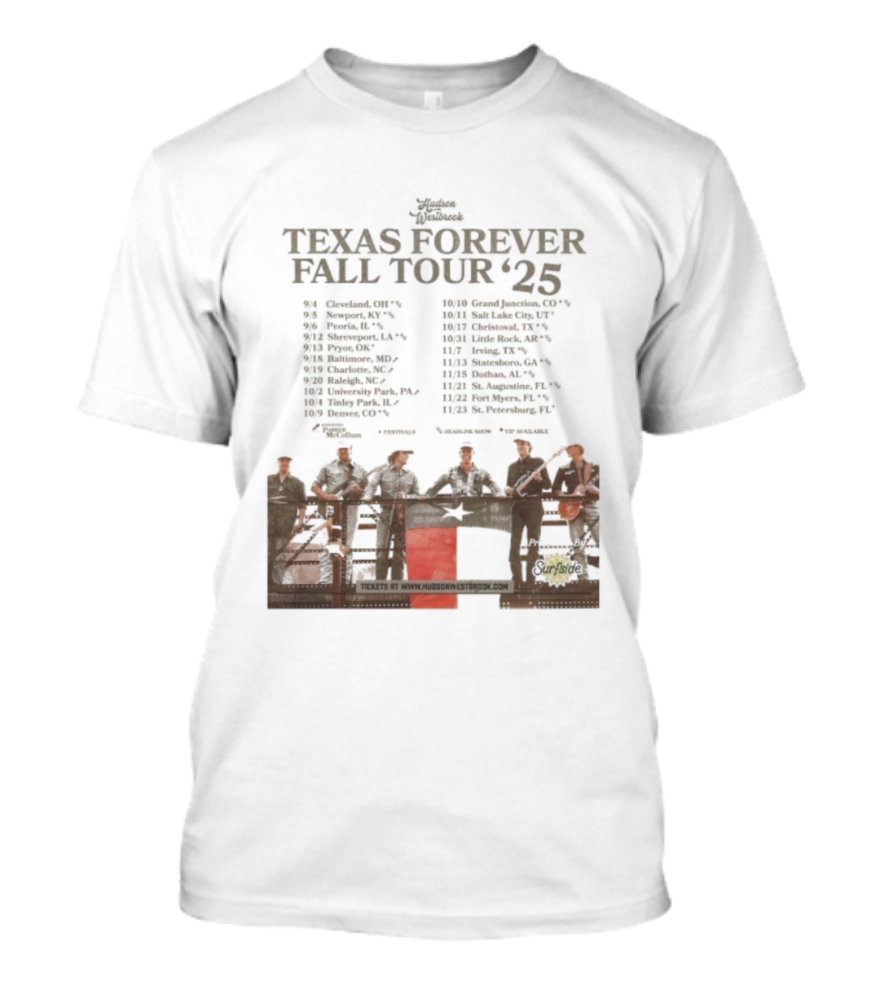 Hudson Westbrook Texas Forever Fall Tour '25 Dates With Texas Flag And Cowboy Band Imagery T-Shirt