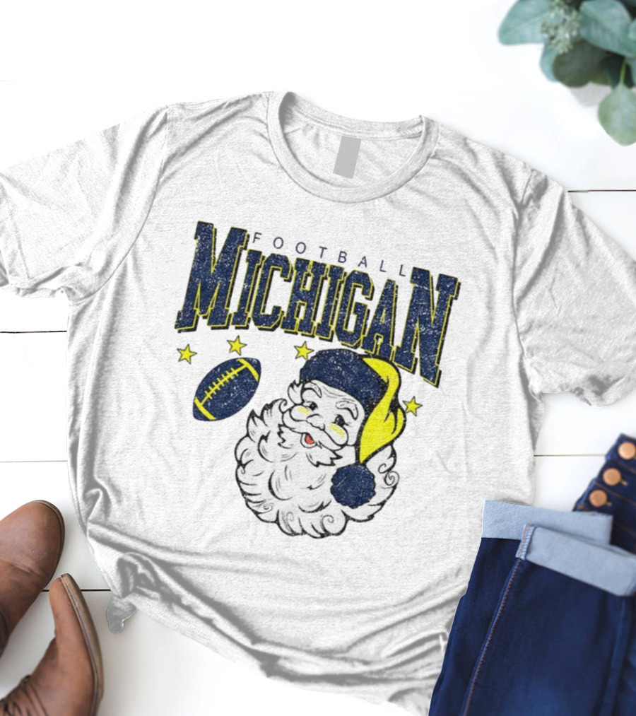 Michigan Wolverines Football Christmas Santa With Stars And Football Design T-Shirt