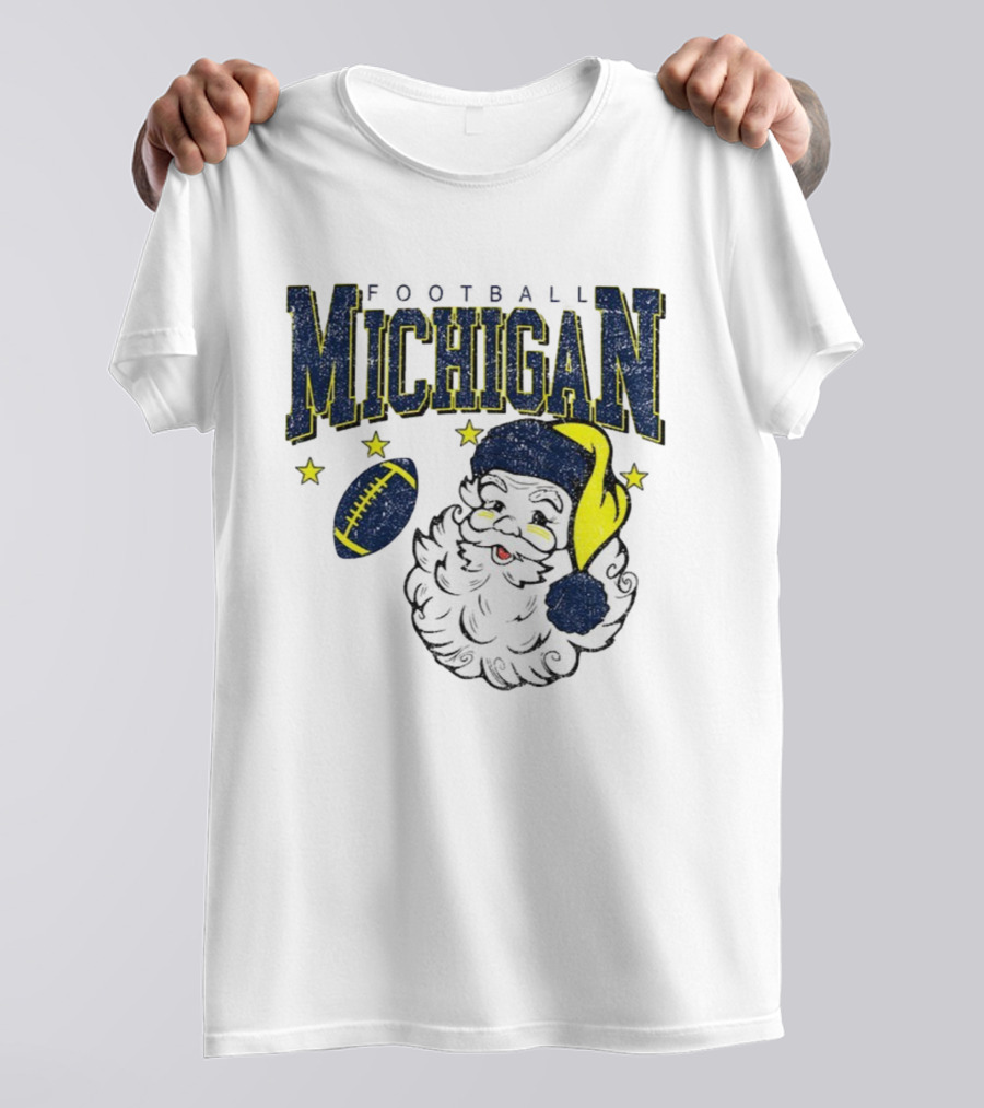 Michigan Wolverines Football Christmas Santa With Stars And Football Design T-Shirt