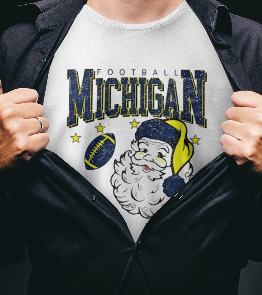 Michigan Wolverines Football Christmas Santa With Stars And Football Design T-Shirt