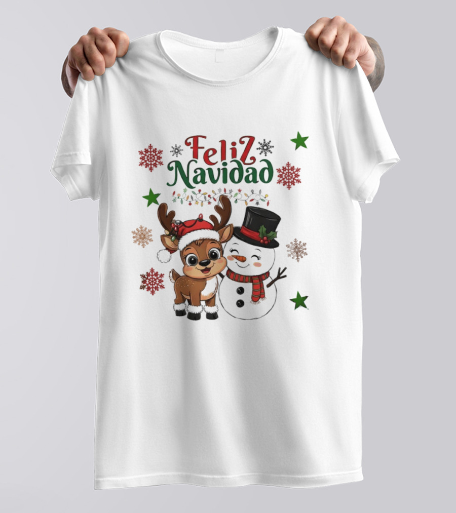 Feliz Navidad Christmas Reindeer And Snowman Holiday Theme T-Shirt
