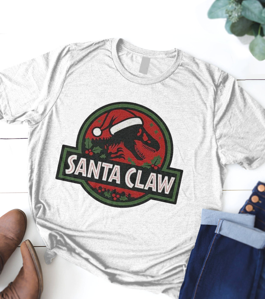 Santa Claw Christmas Dinosaur Jurassic Park Santa Hat Holiday T-Shirt