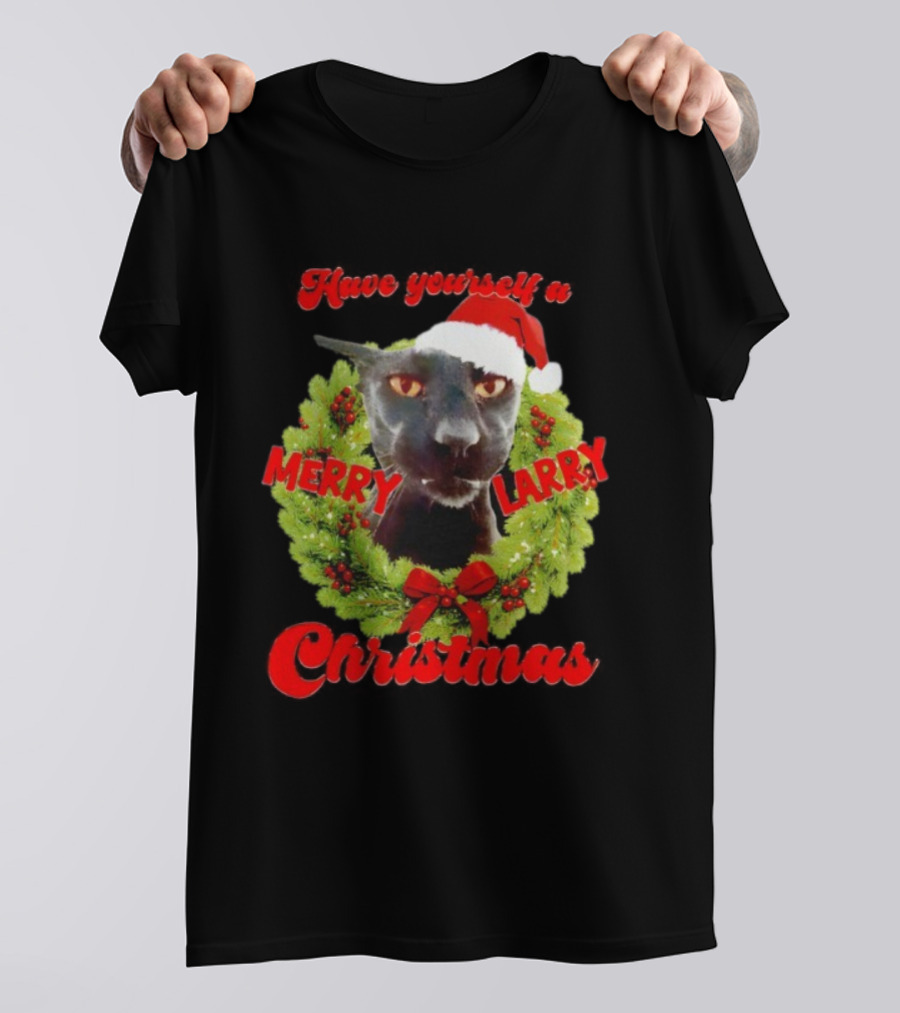 Merry Larry Christmas Black Cat Wreath Santa Hat T-Shirt