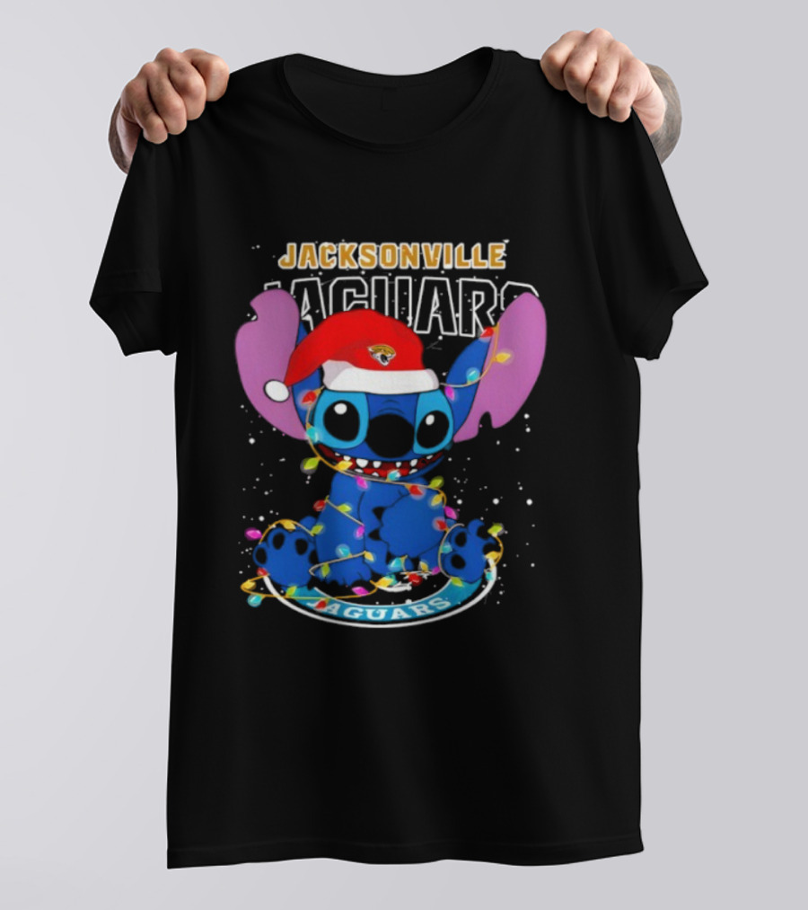 Jacksonville Jaguars Noel Christmas Stitch With Festive Lights And Santa Hat T-Shirt