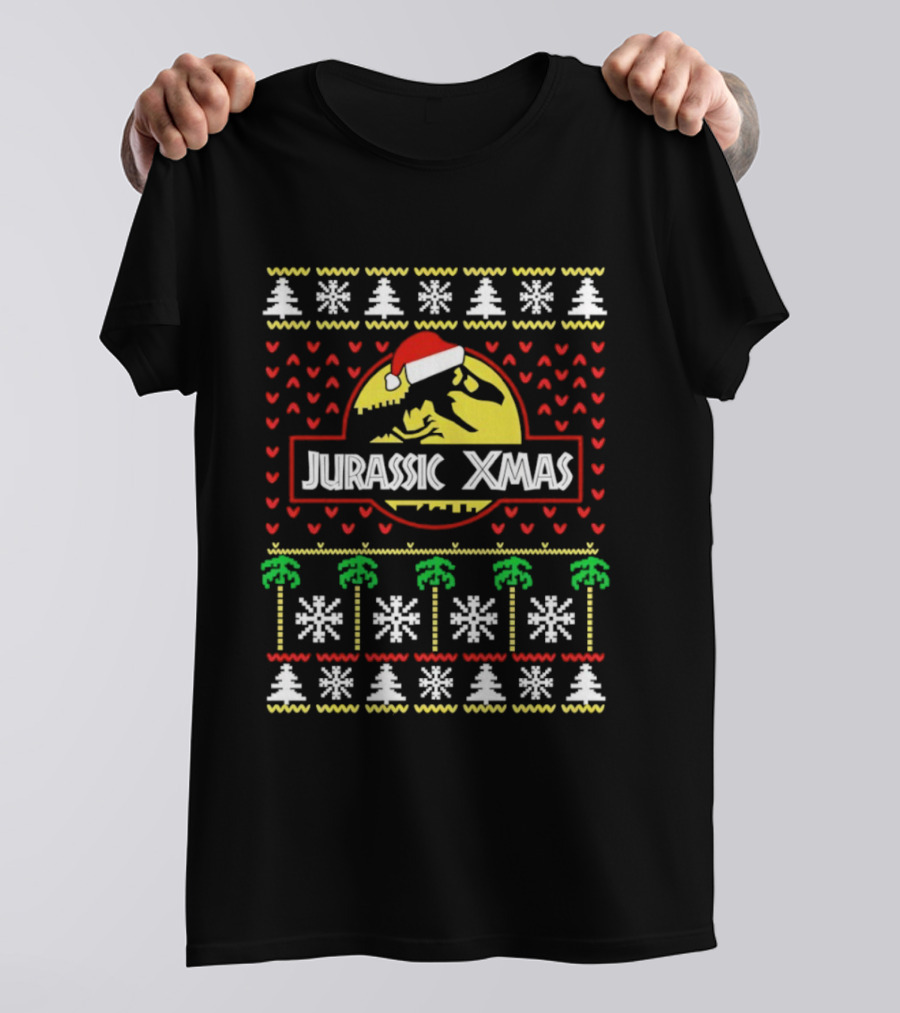 Jurassic Xmas Santa Hat Ugly Christmas Sweater Style T-Shirt