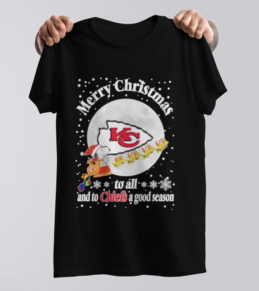 Merry Christmas Kansas City Chiefs To All And To Chiefs A Good Season Snoopy Santa Reindeer Sleigh T-Shirt