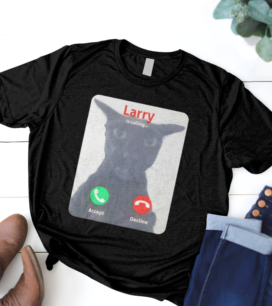 Larry Is Calling Accept Decline Black Cat Face Meme T-Shirt