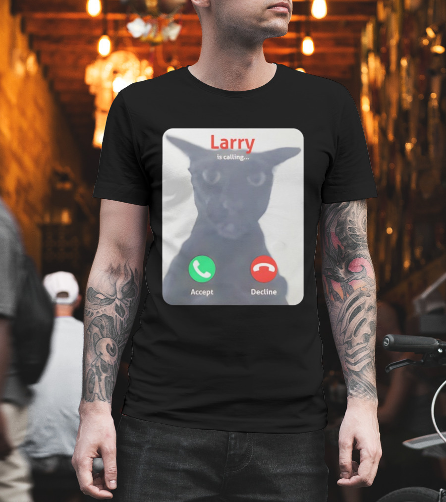 Larry Is Calling Accept Decline Black Cat Face Meme T-Shirt