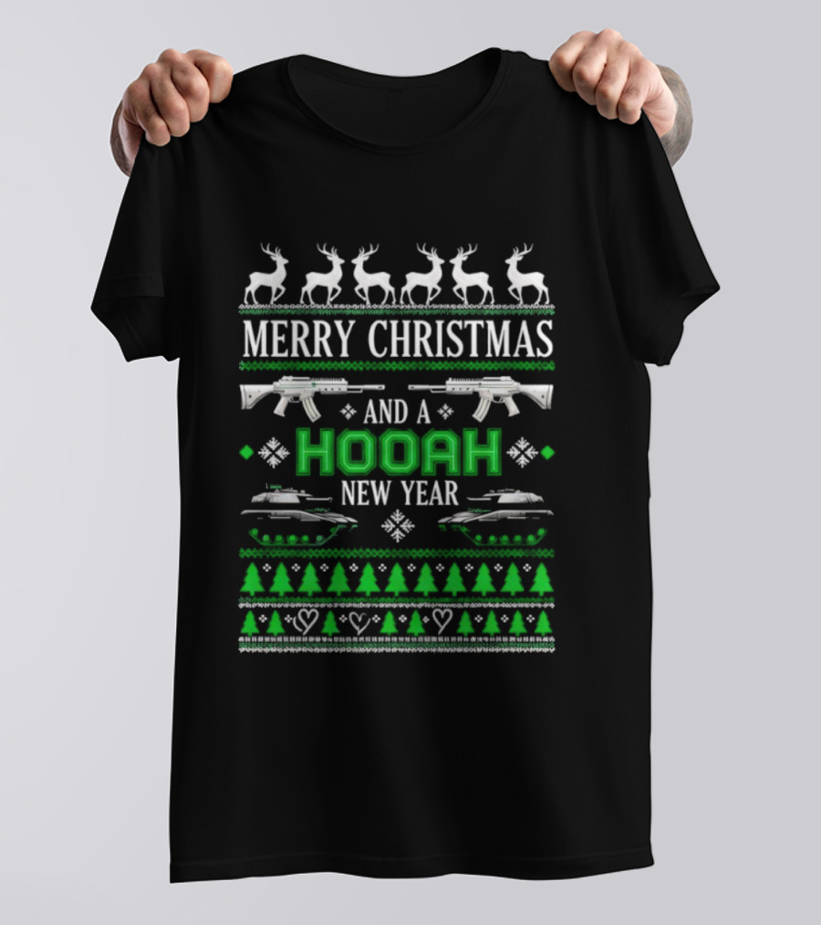 Merry Christmas And A Hooah New Year U.S. Army Tank Rifle Reindeer Trees T-Shirt