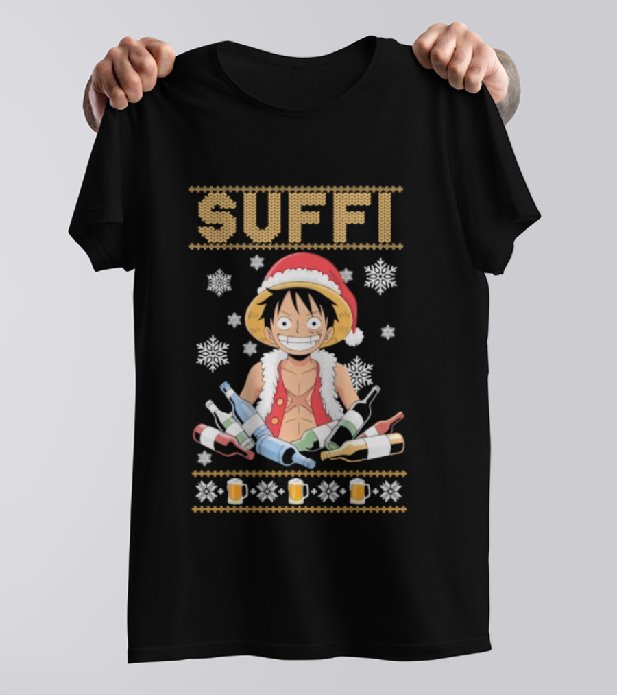 Monkey D. Luffy One Piece Suffi Christmas Santa Hat Beer Bottles Snowflakes T-Shirt
