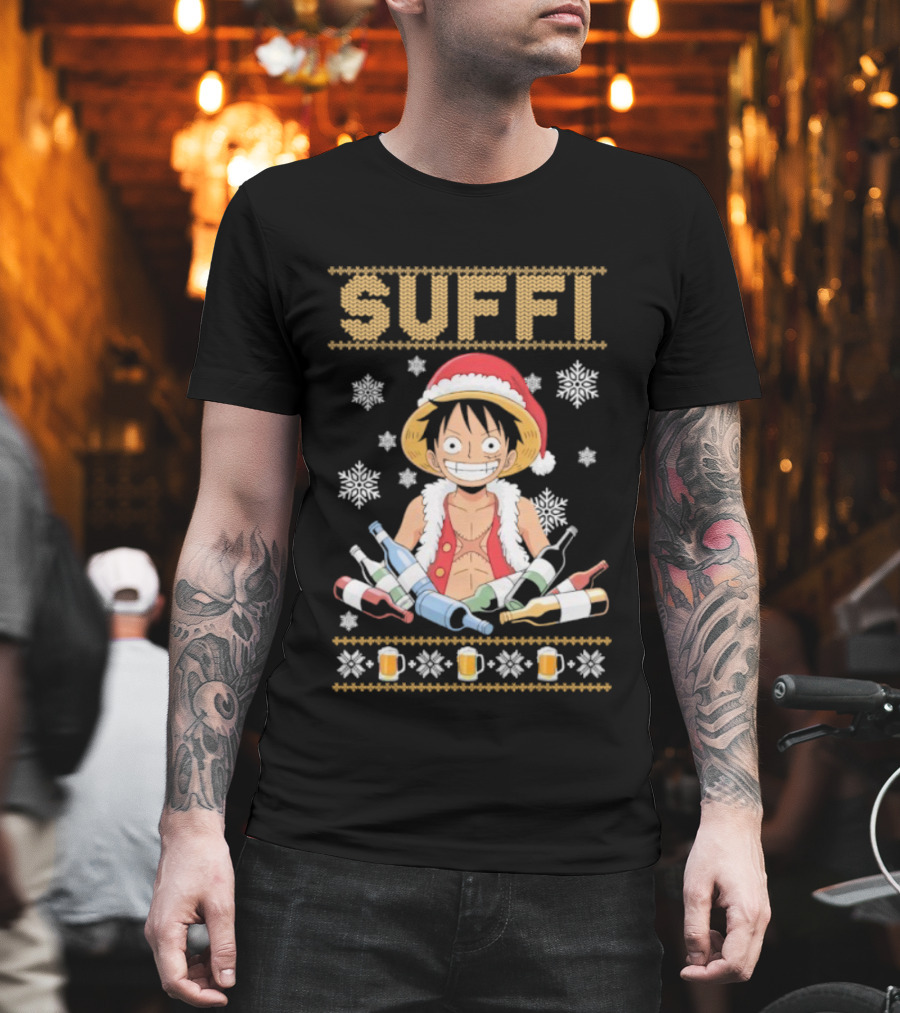 Monkey D. Luffy One Piece Suffi Christmas Santa Hat Beer Bottles Snowflakes T-Shirt