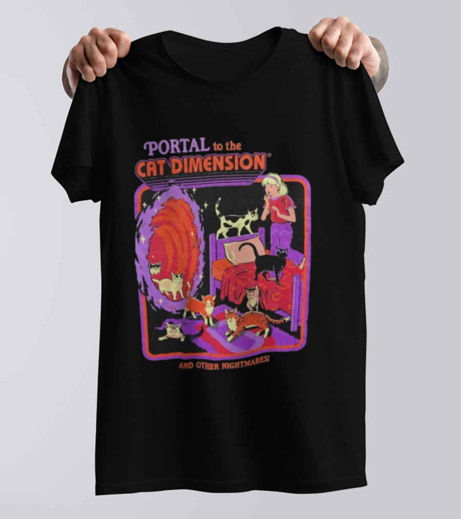 Portal To The Cat Dimension Vintage Nightmare Scene With Cats And Bed T-Shirt