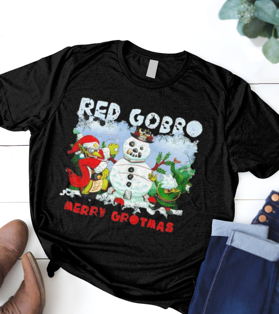 Red Gobbo Merry Grotmas Snowman Scene With Goblins Holiday Cheer T-Shirt