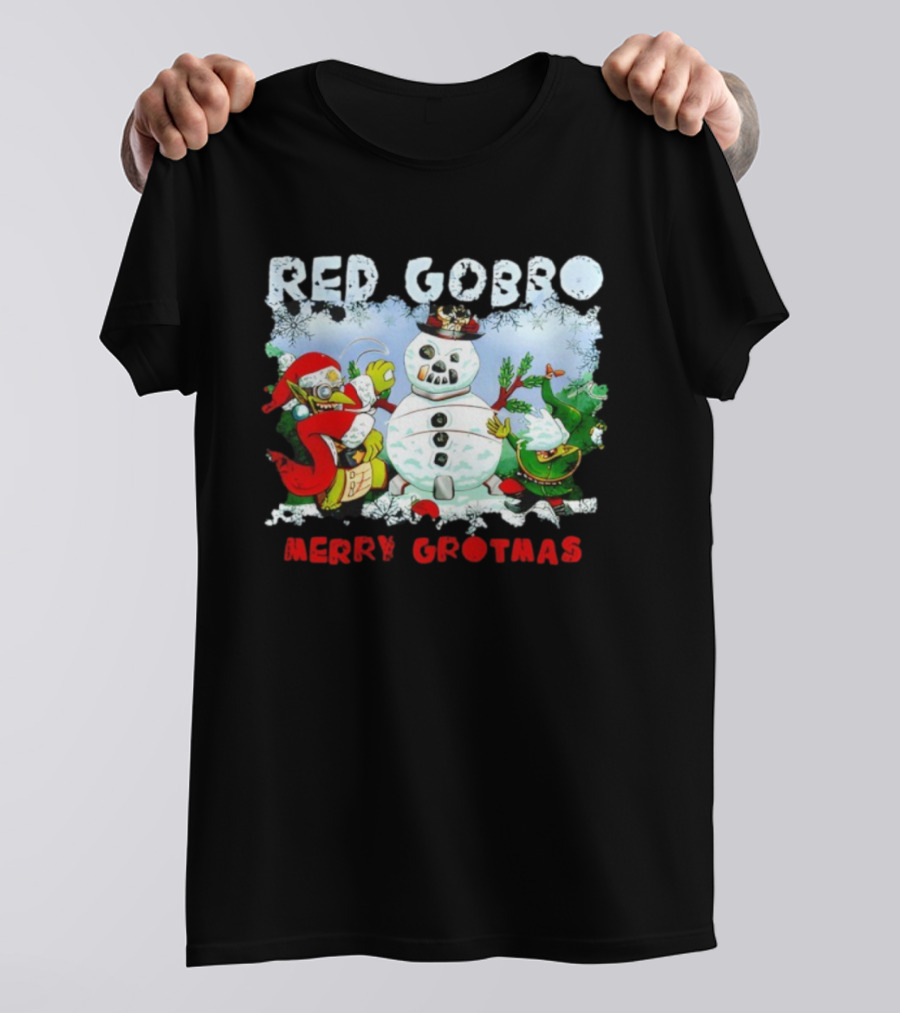 Red Gobbo Merry Grotmas Snowman Scene With Goblins Holiday Cheer T-Shirt