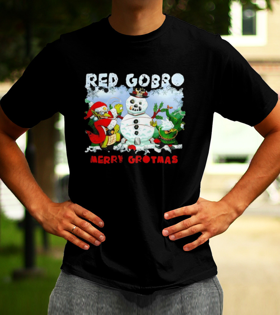 Red Gobbo Merry Grotmas Snowman Scene With Goblins Holiday Cheer T-Shirt