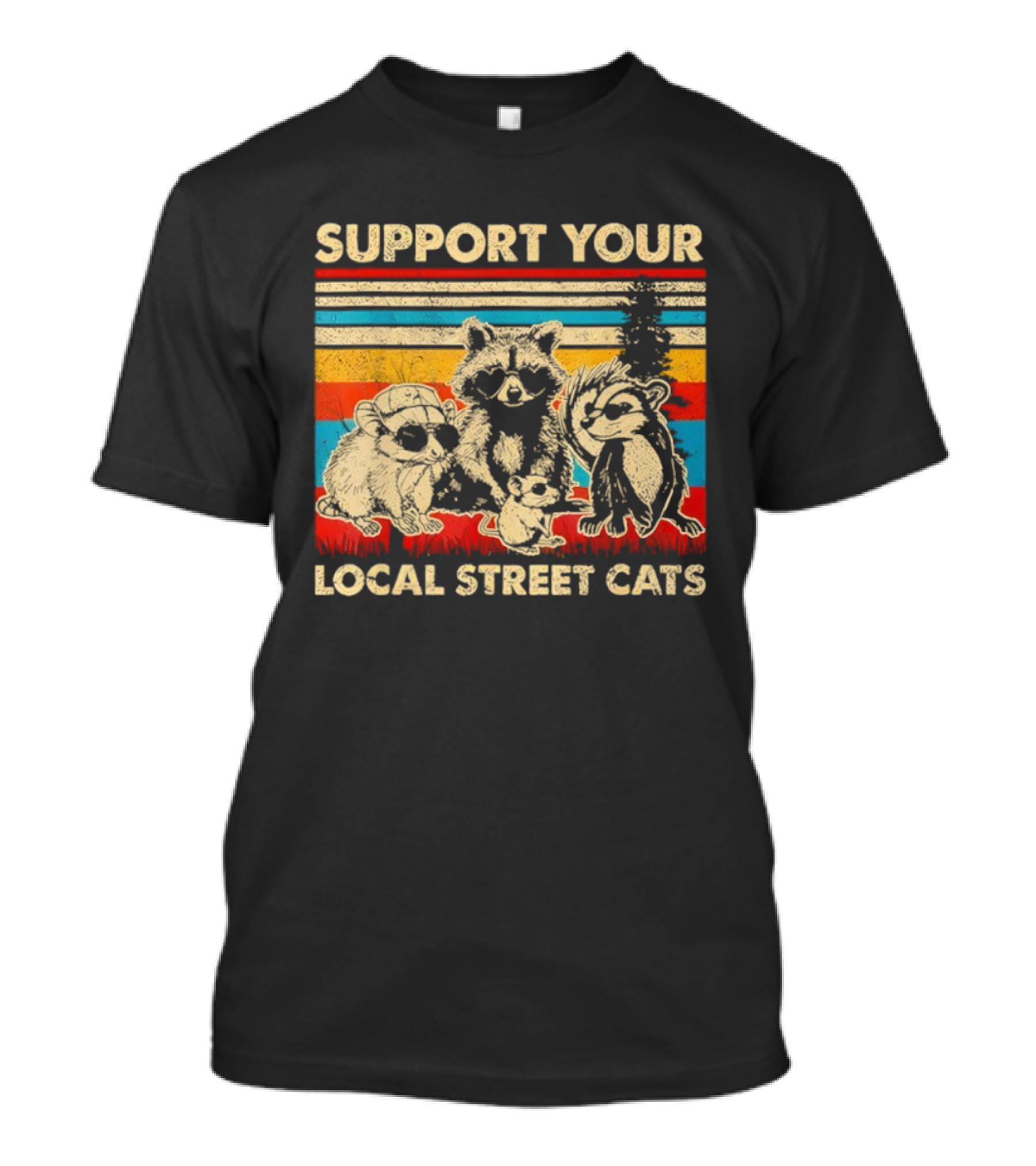 Support Your Local Street Cats Opossum Raccoon Vintage Stripes T-Shirt
