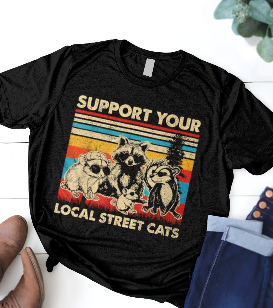 Support Your Local Street Cats Opossum Raccoon Vintage Stripes T-Shirt