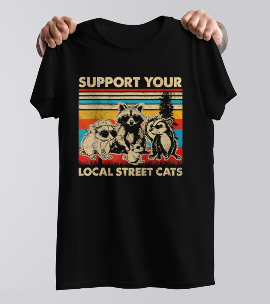 Support Your Local Street Cats Opossum Raccoon Vintage Stripes T-Shirt