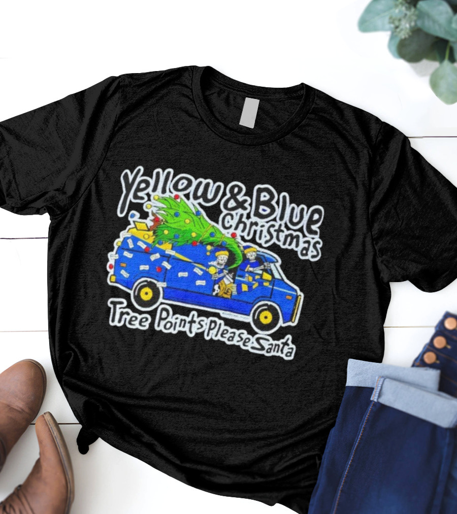 Yellow & Blue Christmas Tree Points Please Santa Van Holiday Humor T-Shirt