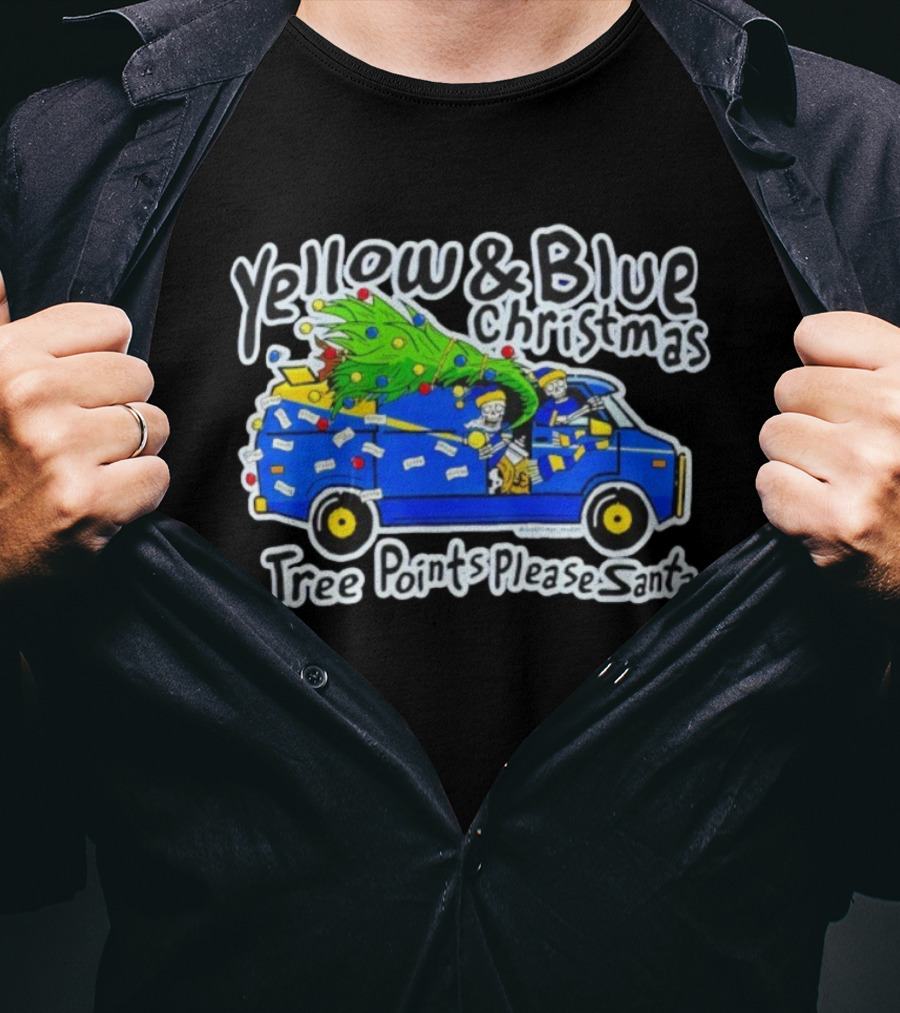 Yellow & Blue Christmas Tree Points Please Santa Van Holiday Humor T-Shirt