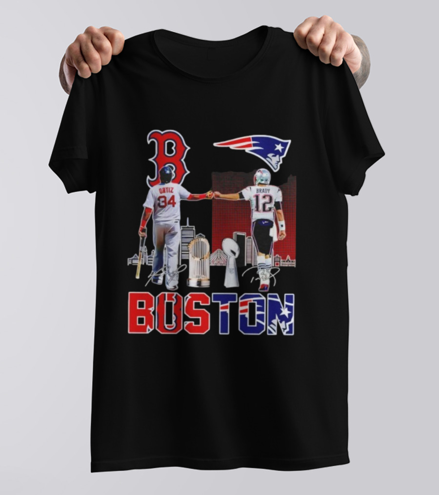 Boston Sports Ortiz Brady Signatures Patriots Red Sox Champions T-Shirt
