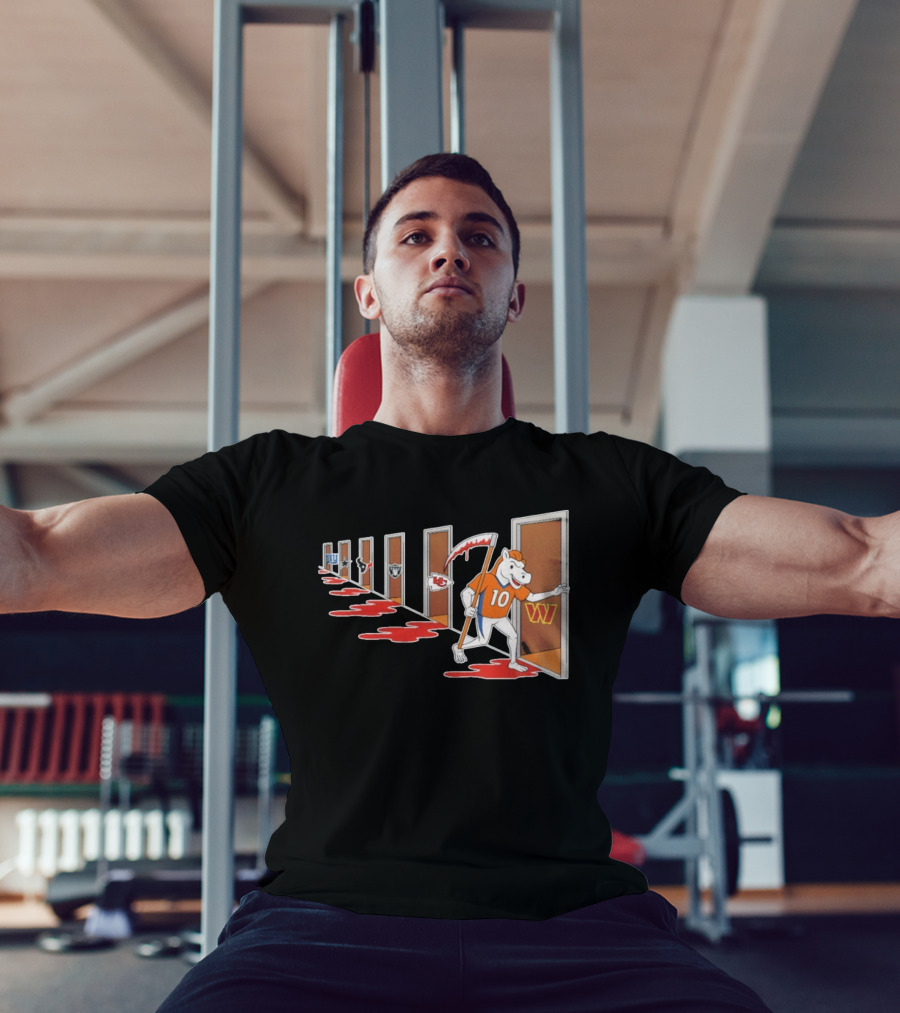 Denver Broncos Mascot With Scythe Visits NFL Rivals Giants Texans Raiders Chiefs Commanders With Bloody Doors T-Shirt