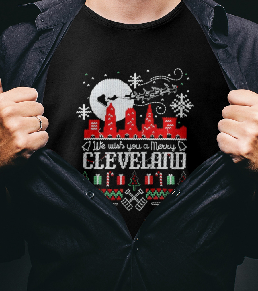 We Wish You A Merry Cleveland Christmas Skyline Santa And Gifts T-Shirt