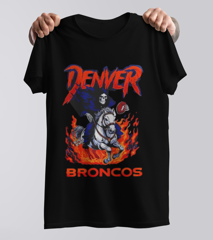 Denver Broncos Grim Reaper Skeleton Horse Football Flame Rider T-Shirt