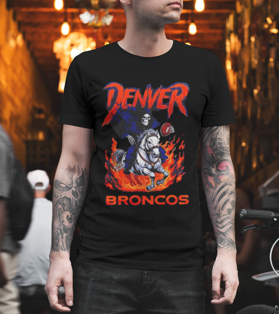 Denver Broncos Grim Reaper Skeleton Horse Football Flame Rider T-Shirt