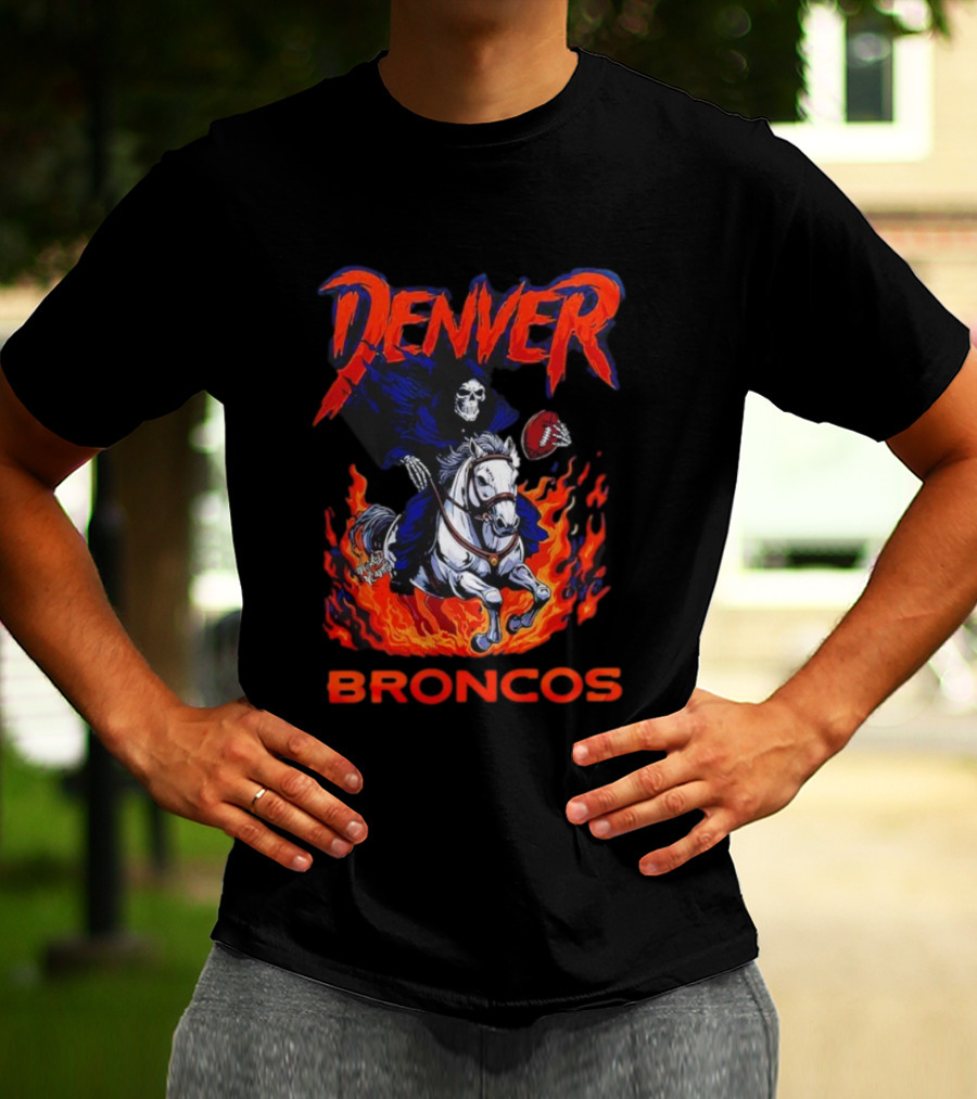Denver Broncos Grim Reaper Skeleton Horse Football Flame Rider T-Shirt