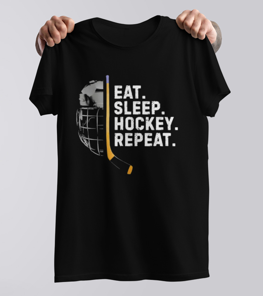 Eat Sleep Hockey Repeat Funny Cool Hockey Player Stick And Goalie Mask T-Shirt