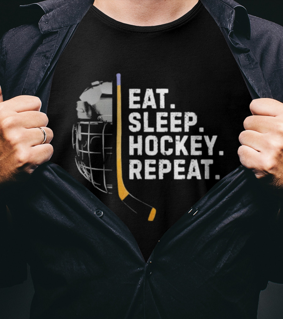 Eat Sleep Hockey Repeat Funny Cool Hockey Player Stick And Goalie Mask T-Shirt