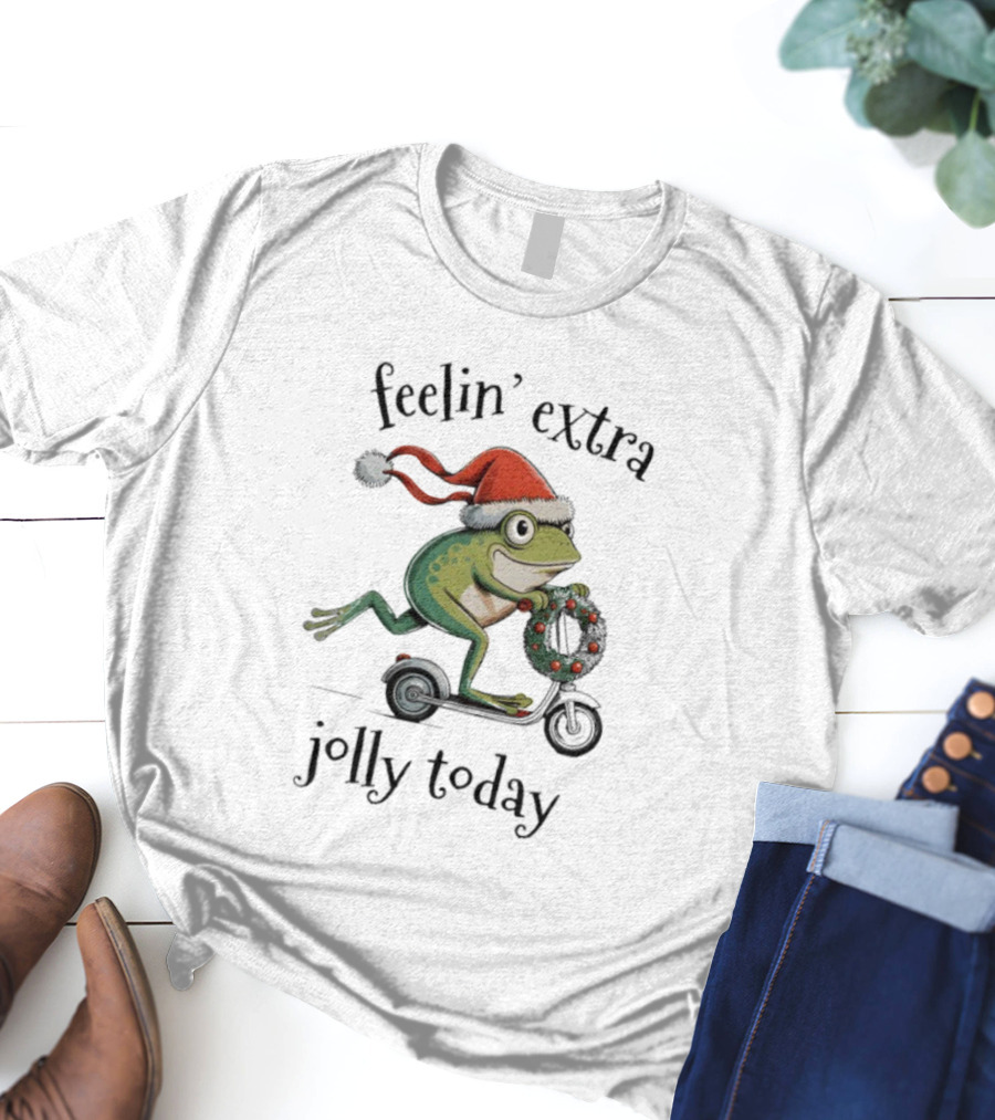 Feelin' Extra Jolly Today Frog Santa Hat Christmas Wreath Scooter T-Shirt