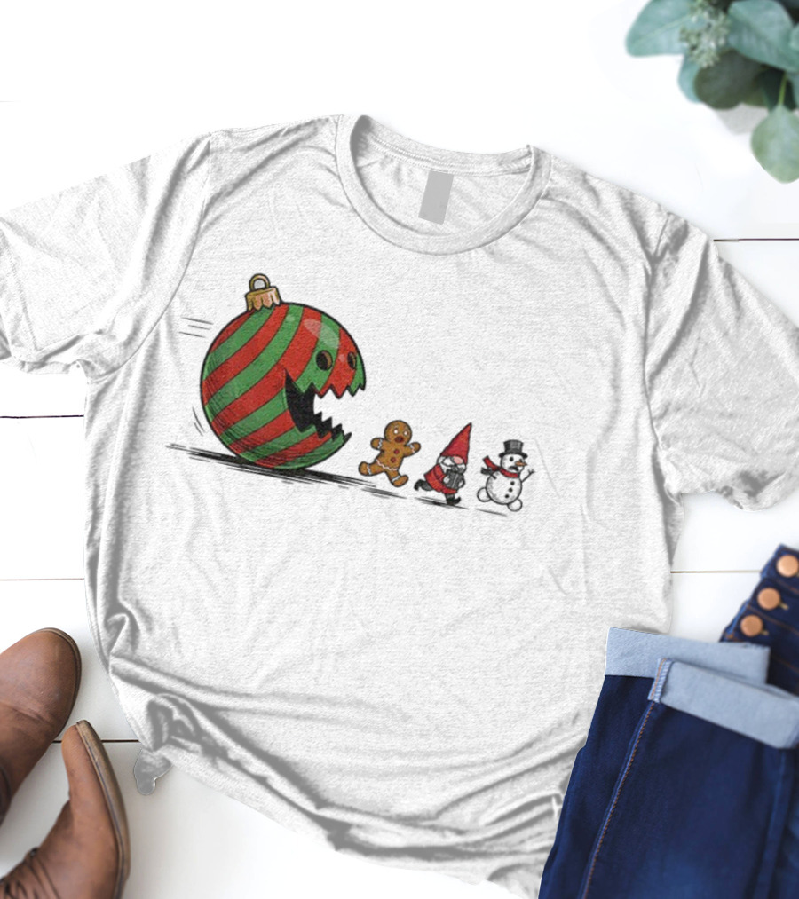 Pac-Man Christmas Gingerbread Gnome Snowman Santa Holiday Fun T-Shirt