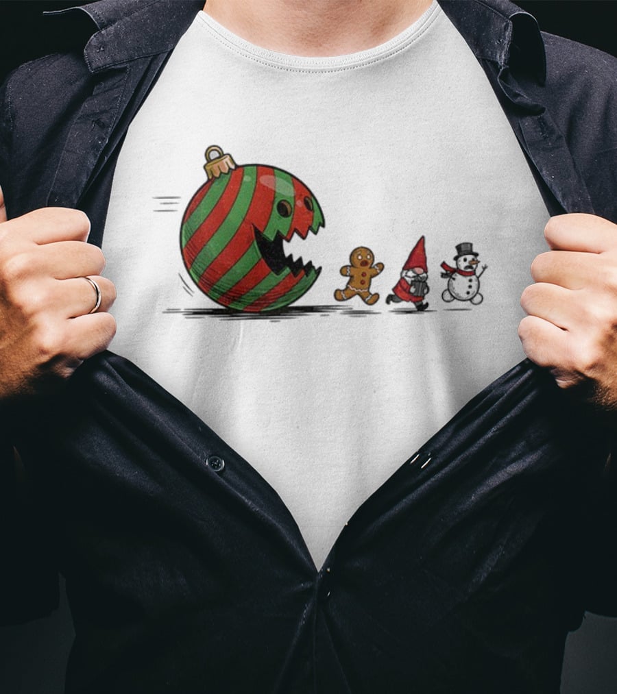 Pac-Man Christmas Gingerbread Gnome Snowman Santa Holiday Fun T-Shirt