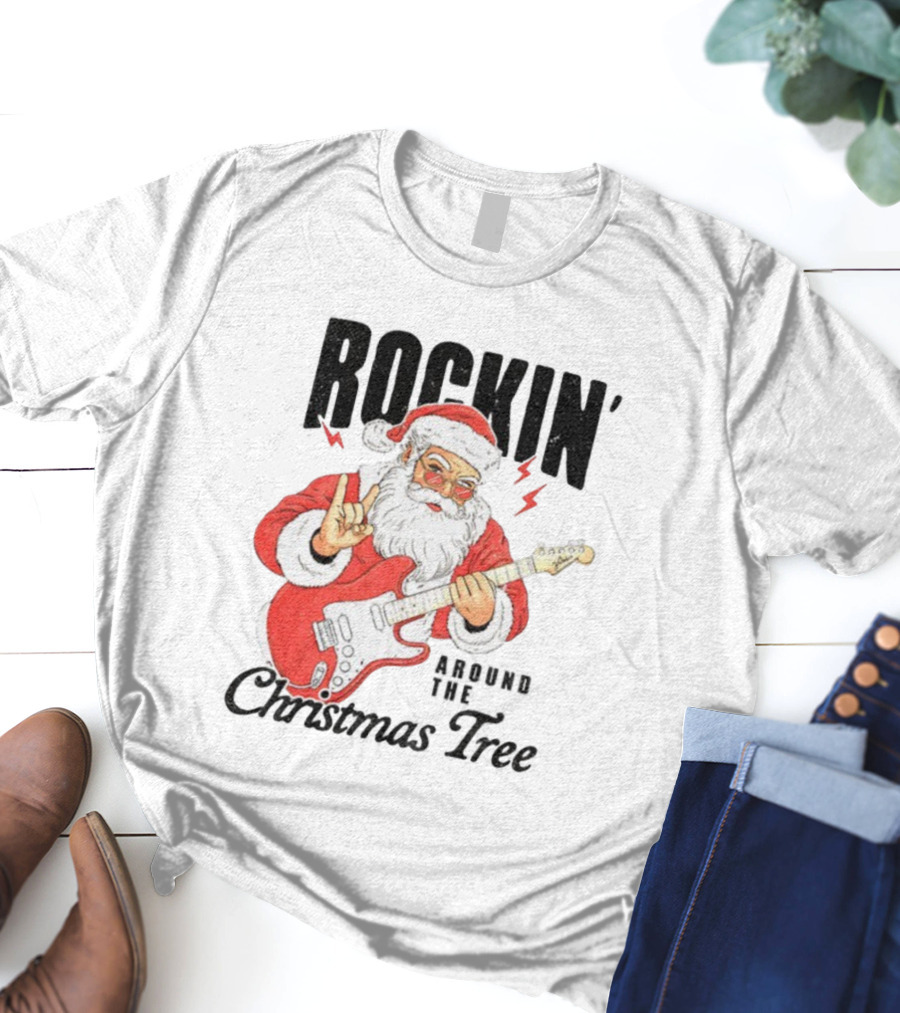 Rockin' Santa Claus Playing Guitar Around The Christmas Tree Merry Christmas T-Shirt