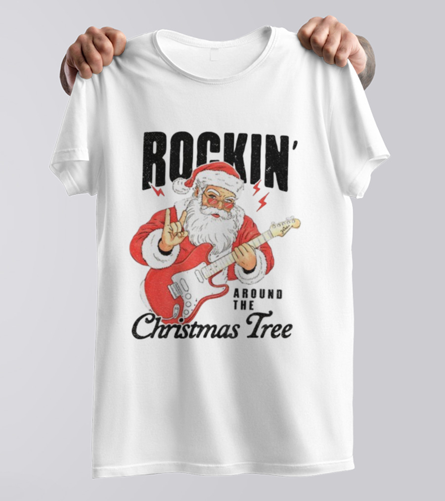 Rockin' Santa Claus Playing Guitar Around The Christmas Tree Merry Christmas T-Shirt