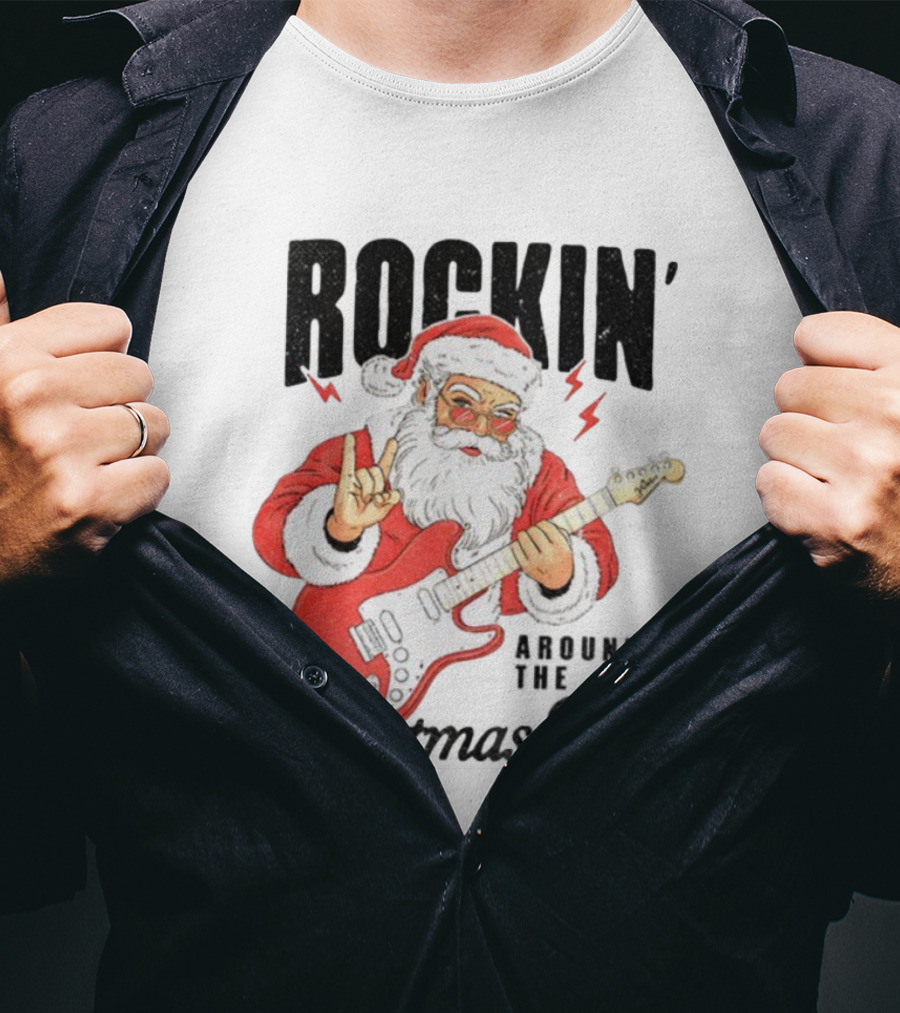 Rockin' Santa Claus Playing Guitar Around The Christmas Tree Merry Christmas T-Shirt