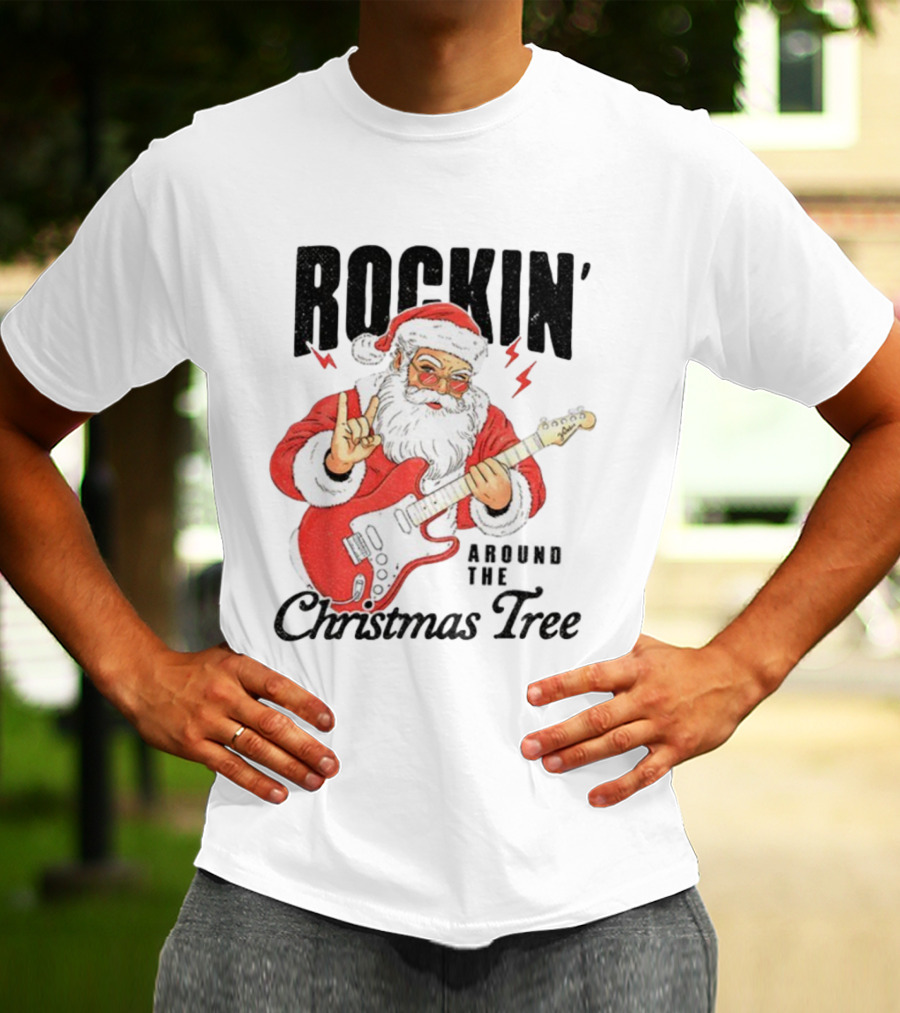 Rockin' Santa Claus Playing Guitar Around The Christmas Tree Merry Christmas T-Shirt