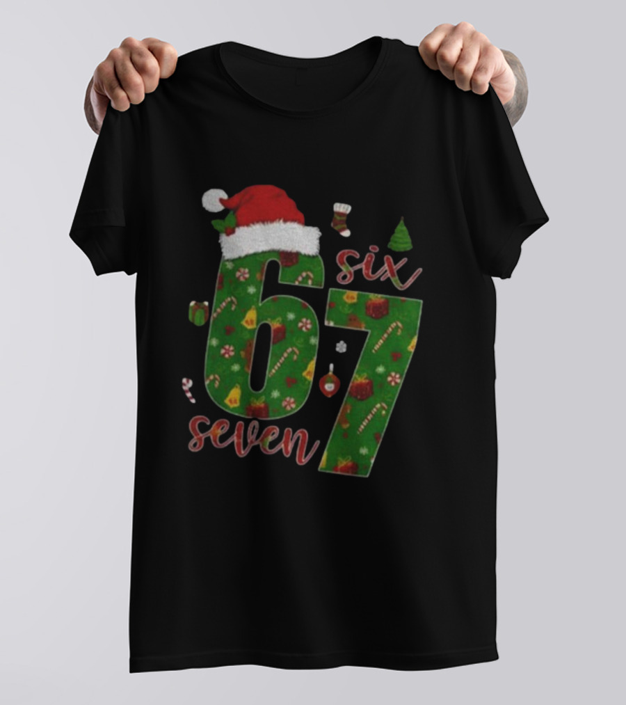 6 7 Meme Viral TikTok Trend Santa Hat Christmas Six Seven T-Shirt