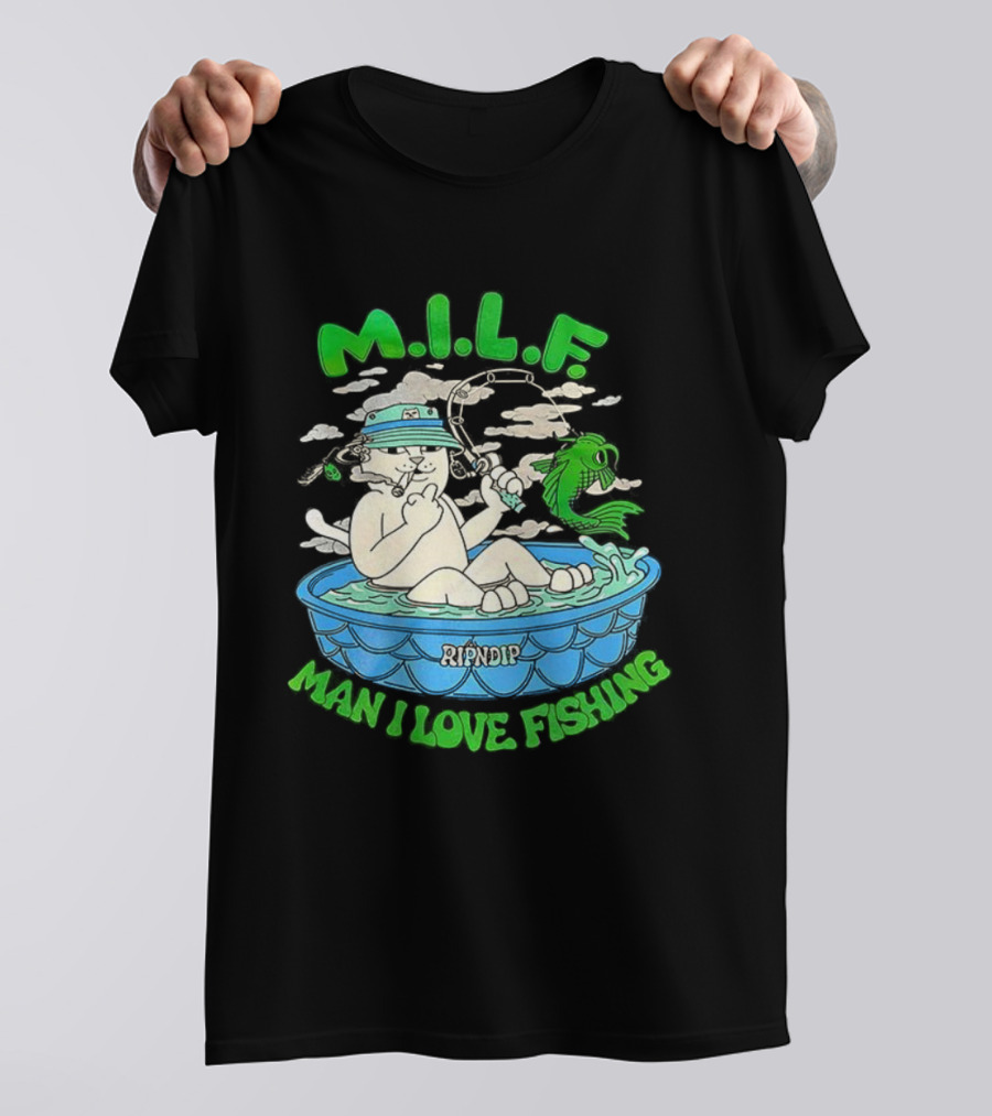 M.I.L.F Man I Love Fishing Cat In Boat Fun Design T-Shirt