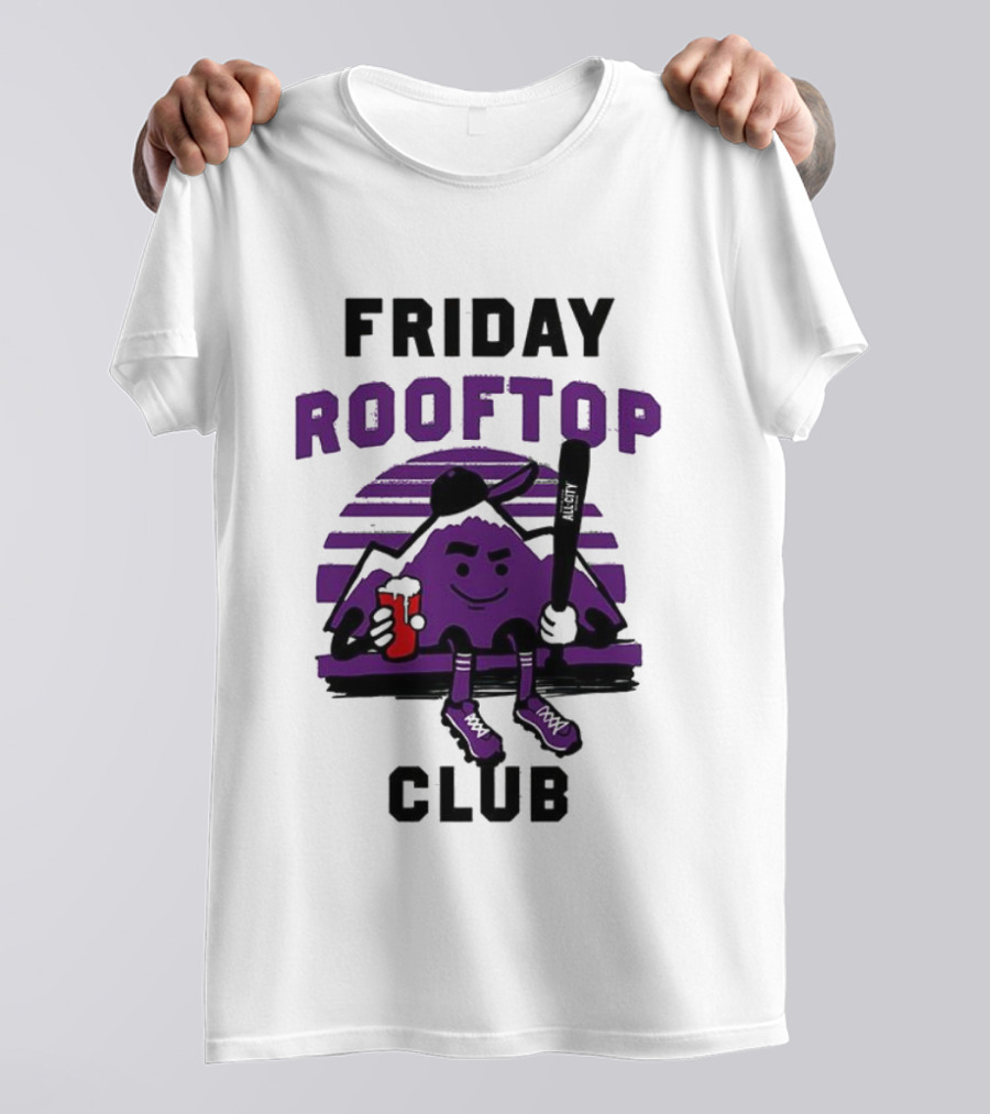 Friday Rooftop Club Colorado Rockies Playful Cartoon Baseball Bat Drink T-Shirt
