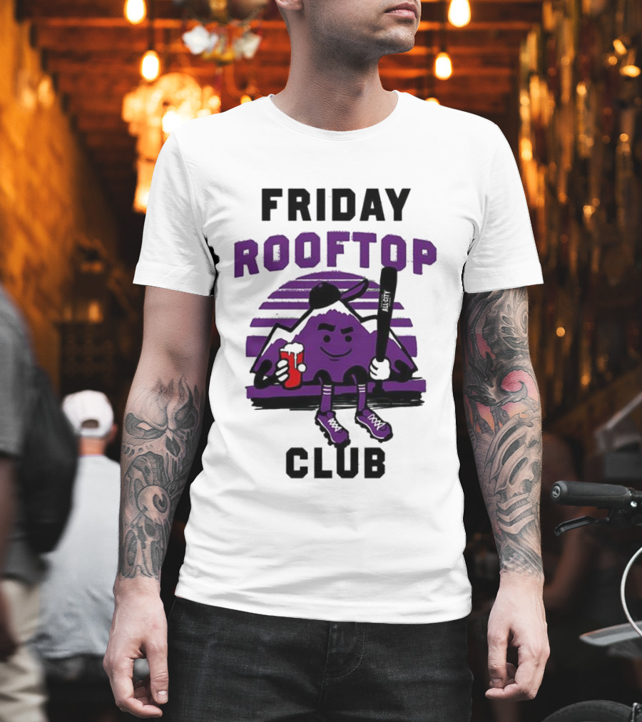 Friday Rooftop Club Colorado Rockies Playful Cartoon Baseball Bat Drink T-Shirt