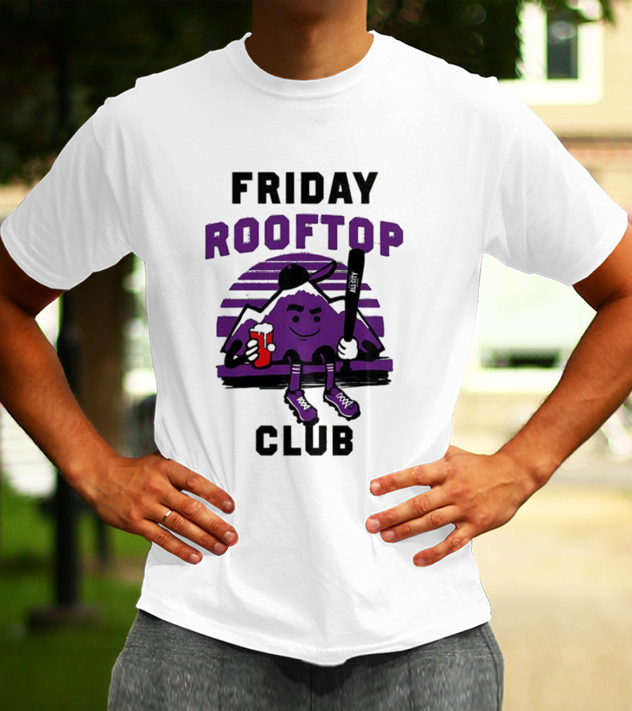 Friday Rooftop Club Colorado Rockies Playful Cartoon Baseball Bat Drink T-Shirt