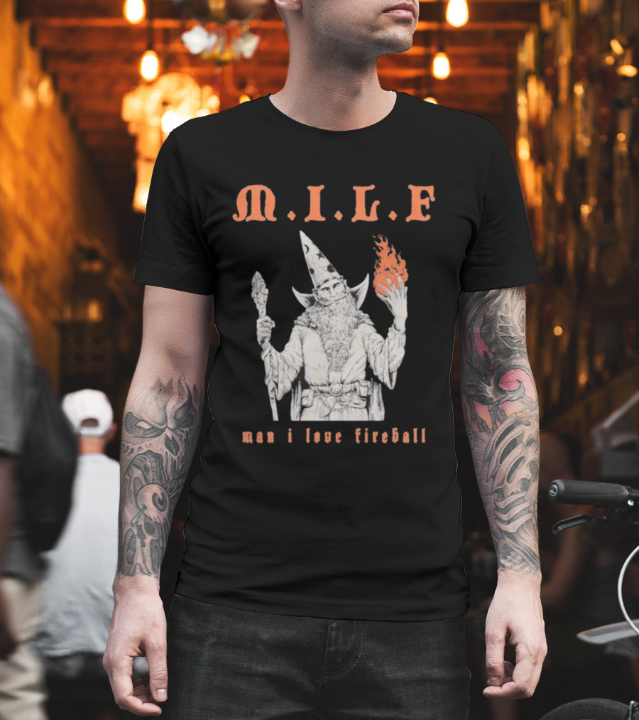 M.I.L.F Man I Love Fireball Wizard Holding Fire Fantasy Theme T-Shirt