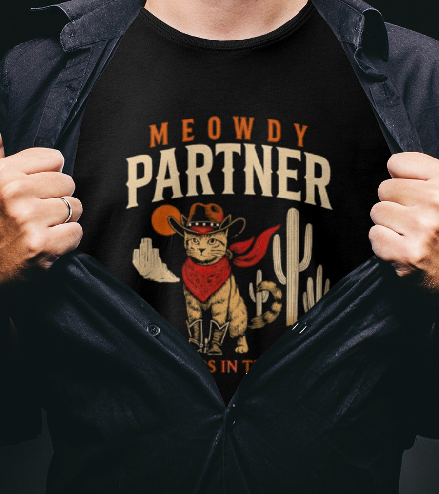 Meowdy Partner Cowboy Cat Western Bandana Wild West Theme T-Shirt
